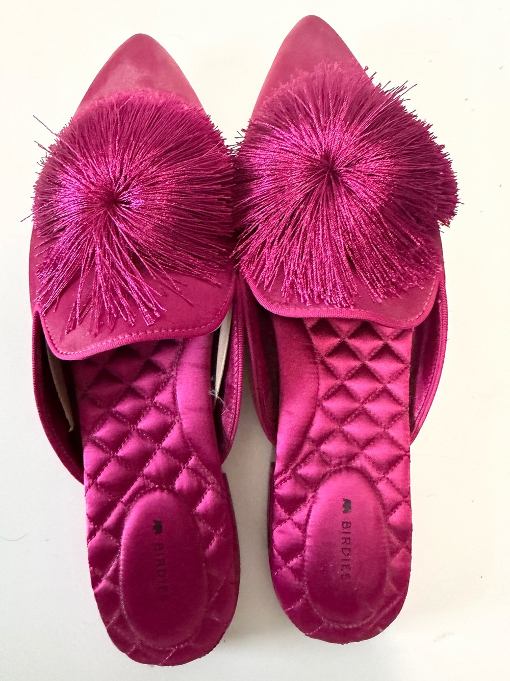 Birdies Fuchsia Pink Satin Pom Pom Mules – Size 12